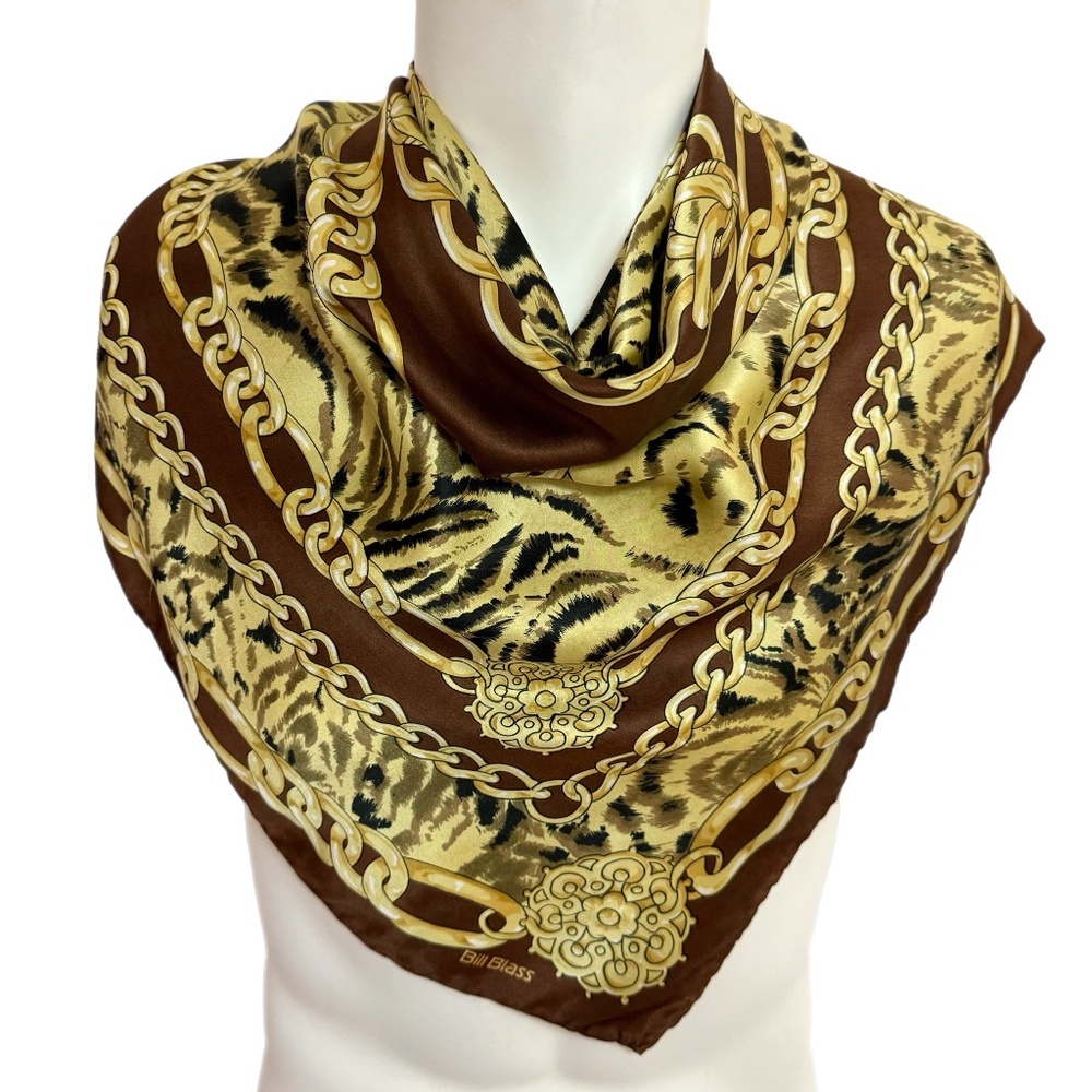 Vintage Bill Blass Silk Scarf – Brown Gold Chain & Animal Print
